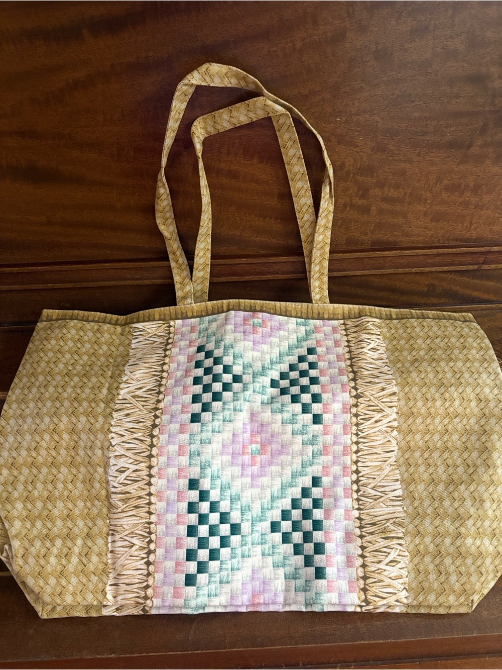 Estee Lauder Faux Straw Tote with Pink, Green & Cream Geometric Panel